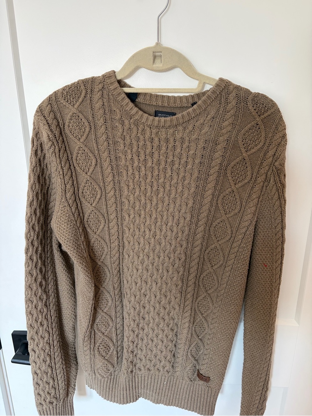 Buffalo David Camel Brown Cable-Knit 100% Cotton Crewneck Sweater